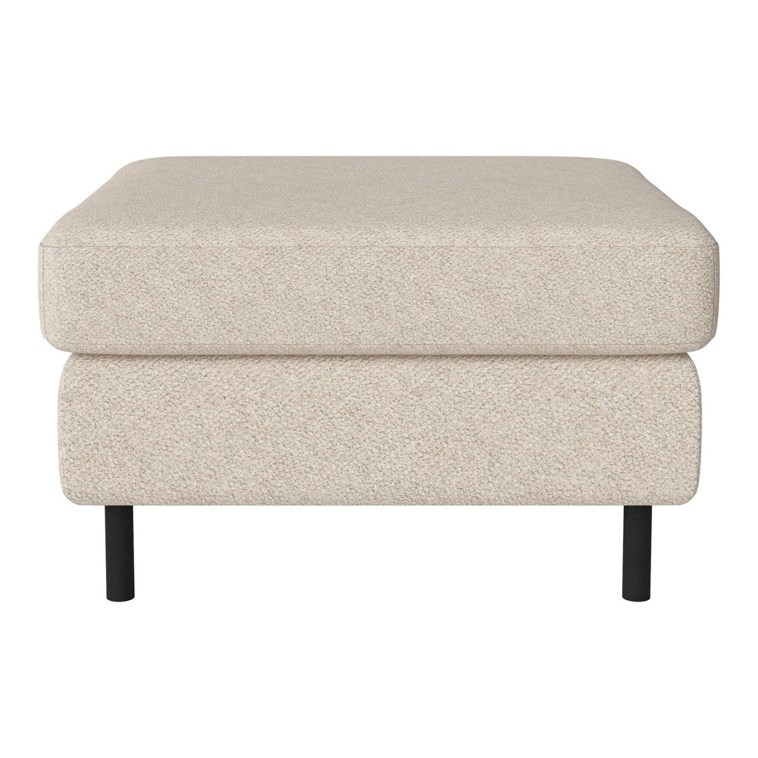 Beige upholstered ottoman with a textured finish and black legs, perfect for modern living spaces.