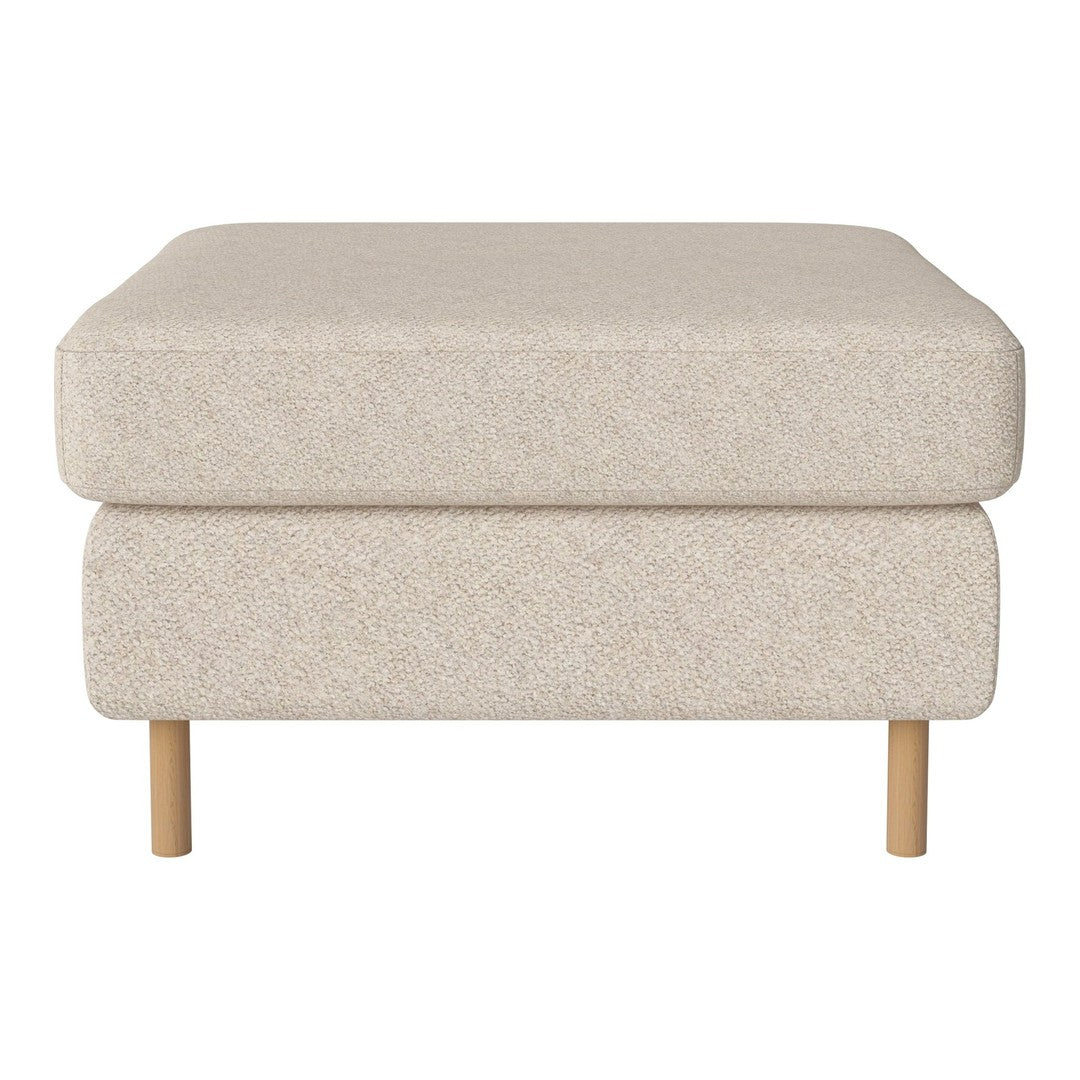 Beige upholstered ottoman with a textured pattern and light wood legs, perfect for modern decor.