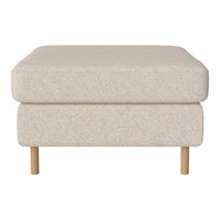 Beige upholstered ottoman with a textured pattern and light wood legs, perfect for modern decor.