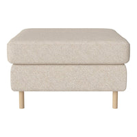 Beige textured ottoman with a soft surface and light wooden legs. Simple, modern design ideal for any decor.
