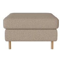Beige upholstered ottoman with textured fabric and wooden legs, offering a stylish and modern look.