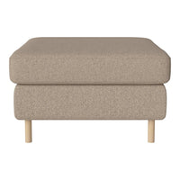 Beige upholstered ottoman with a textured pattern and light wood legs, perfect for modern home decor.