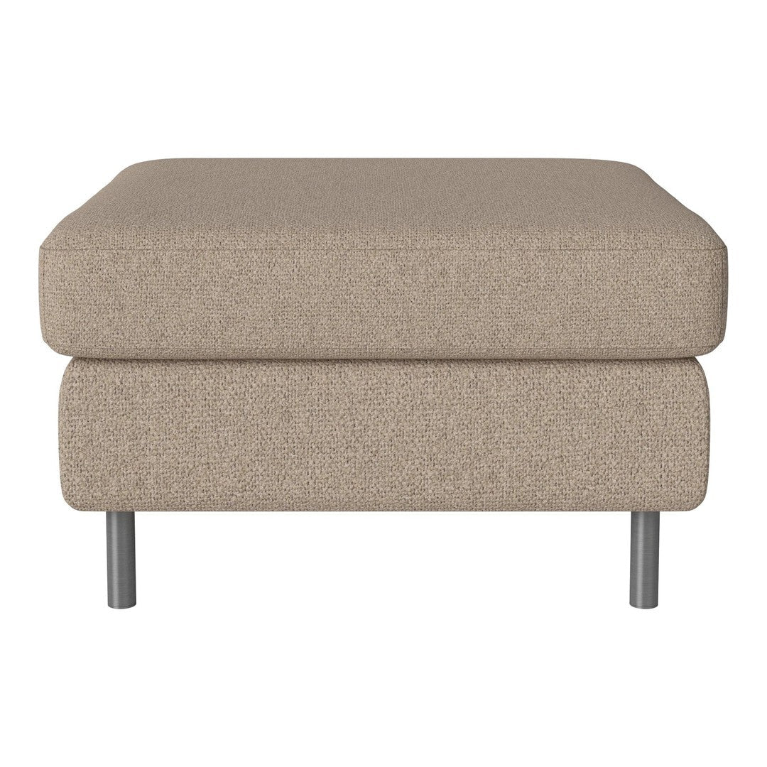Beige upholstered ottoman with a smooth texture and subtle pattern, featuring metal legs for a modern touch.