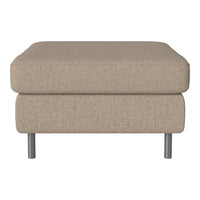 Beige upholstered ottoman with a smooth texture and subtle pattern, featuring metal legs for a modern touch.