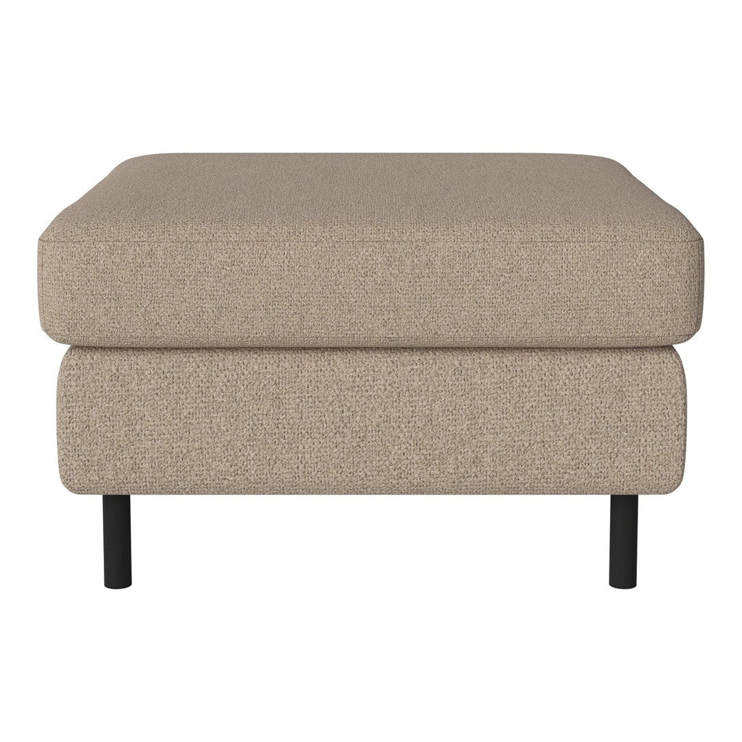 Beige textured ottoman with a minimalistic design and black metal legs, ideal for modern decor.