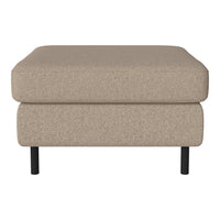 Beige textured ottoman with a minimalistic design and black metal legs, ideal for modern decor.
