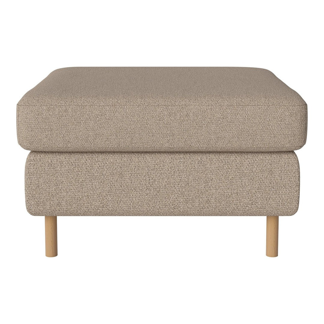 Beige textured ottoman with light wooden legs. Minimalist design, perfect for versatile home decor styles.