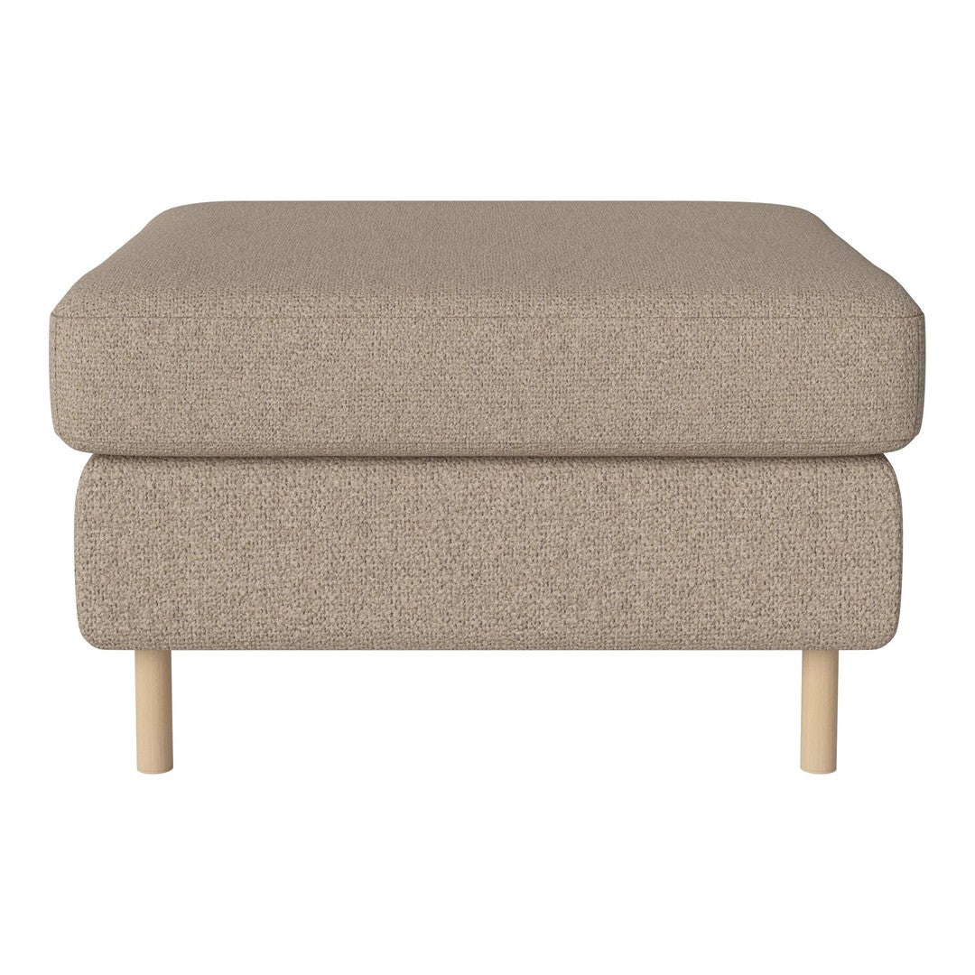 Beige upholstered ottoman with a smooth texture and natural wooden legs, perfect for modern decor.