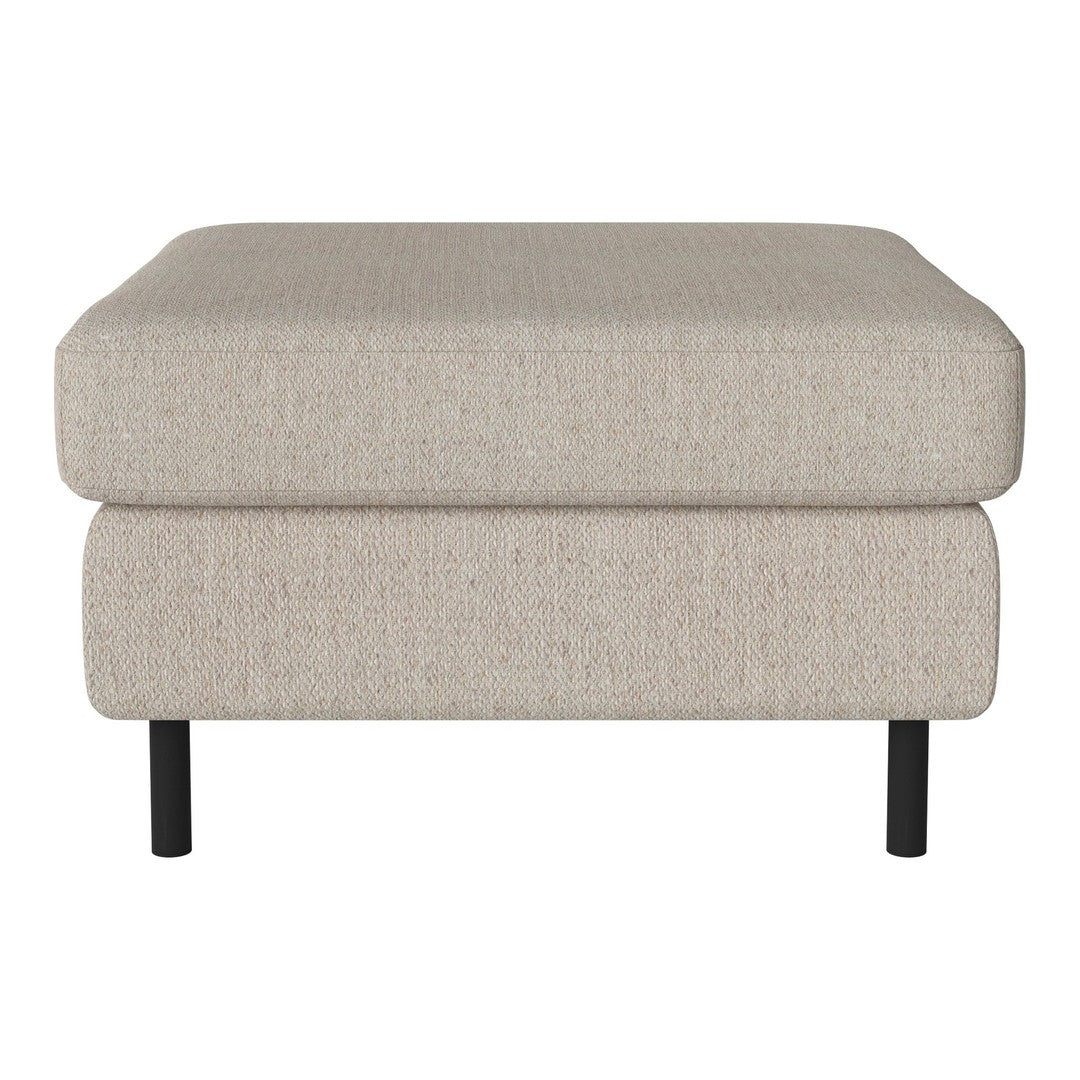 Light beige ottoman with a subtle textured pattern, featuring black legs for a modern touch.