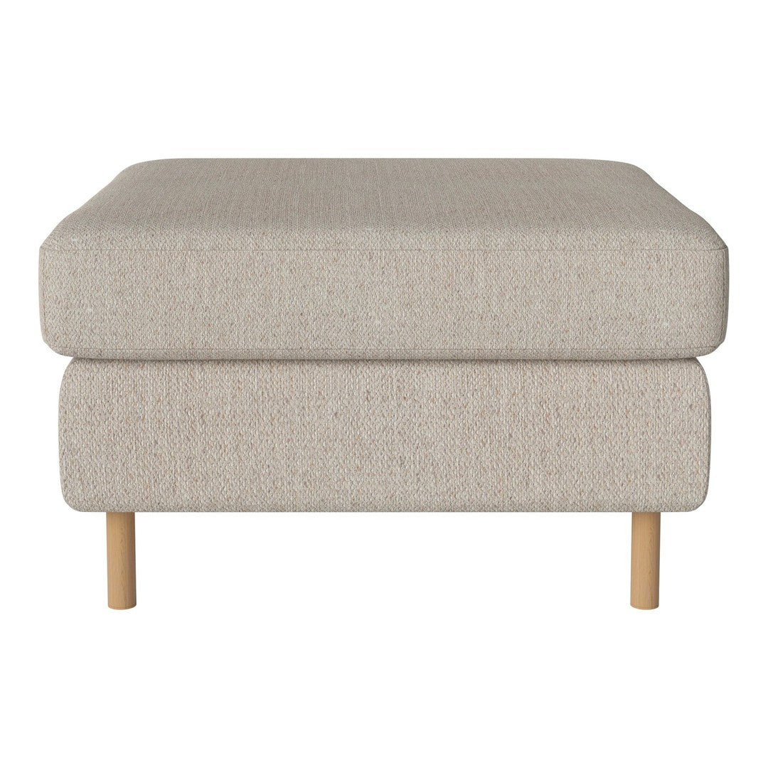 Light beige square ottoman with subtle textured pattern and natural wood legs. Ideal for modern interiors.