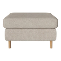 Light beige square ottoman with subtle textured pattern and natural wood legs. Ideal for modern interiors.