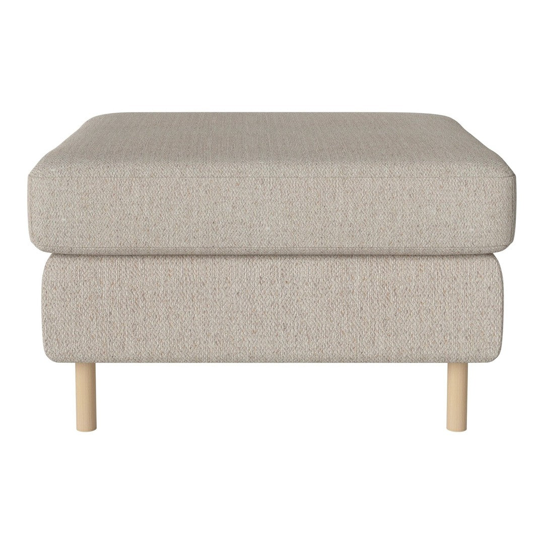Light beige ottoman with a textured fabric and natural wood legs, featuring a simple, modern design.
