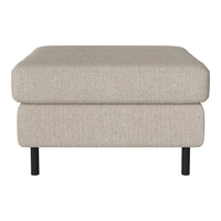 Beige fabric ottoman with subtle texture and black metal legs, perfect for modern living spaces.