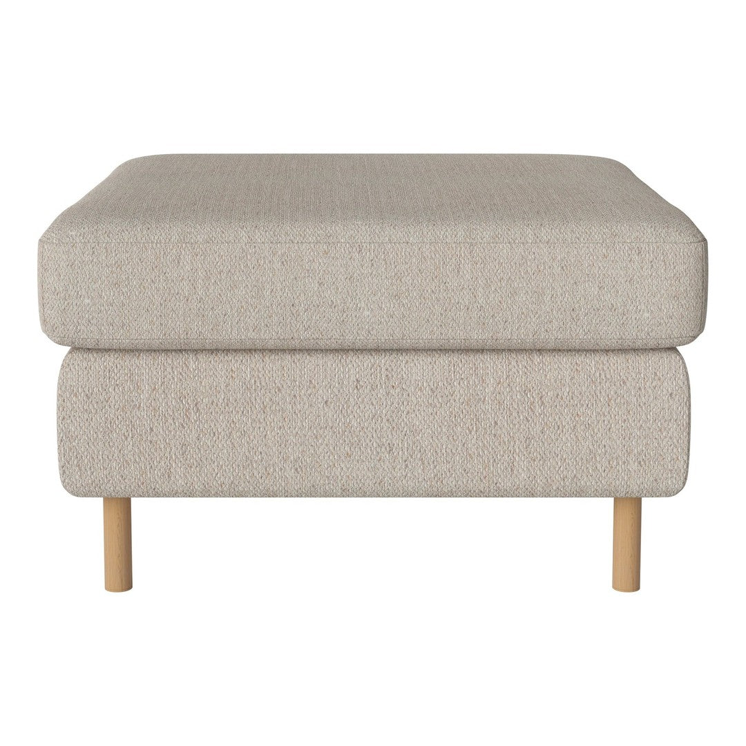 Light beige ottoman with a textured surface and wooden legs, featuring a simple, modern design.