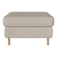 Light beige ottoman with a textured surface and wooden legs, featuring a simple, modern design.