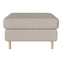 Light beige ottoman with a textured fabric and natural wooden legs, perfect for modern decor.