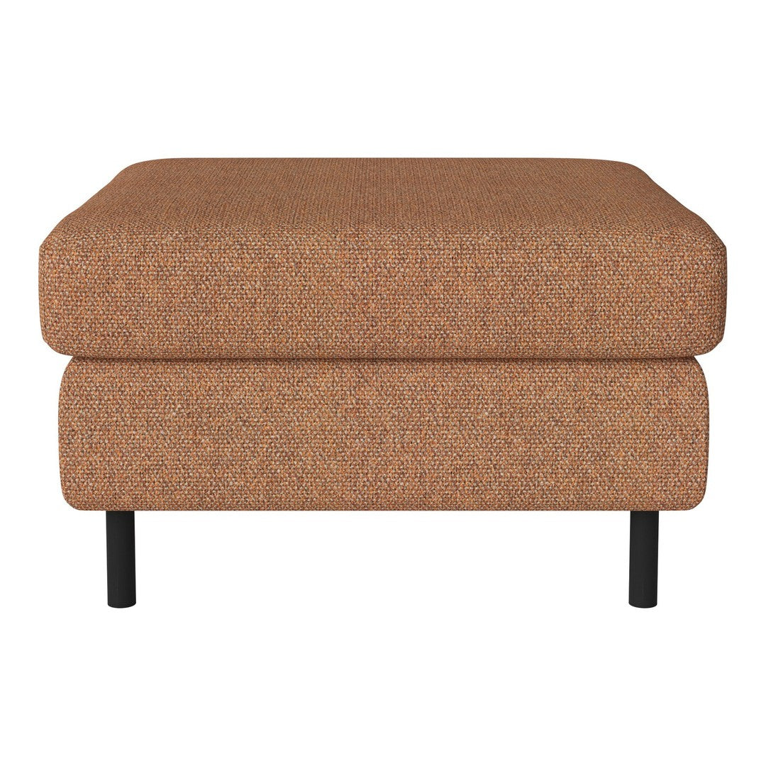 Brown textured ottoman with a soft, speckled pattern and black legs for a contemporary look.