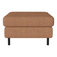 Brown textured ottoman with a soft, speckled pattern and black legs for a contemporary look.