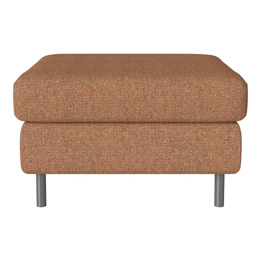 Brown textured ottoman with a modern design and sleek metal legs, perfect for contemporary decor.