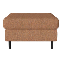 Square ottoman in warm brown fabric with subtle texture and black metal legs, perfect for modern decor.