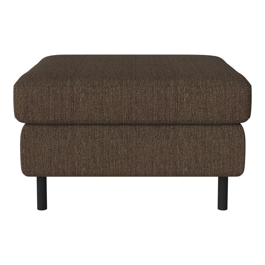 Brown textured ottoman with a modern design and black legs, perfect for contemporary living spaces.