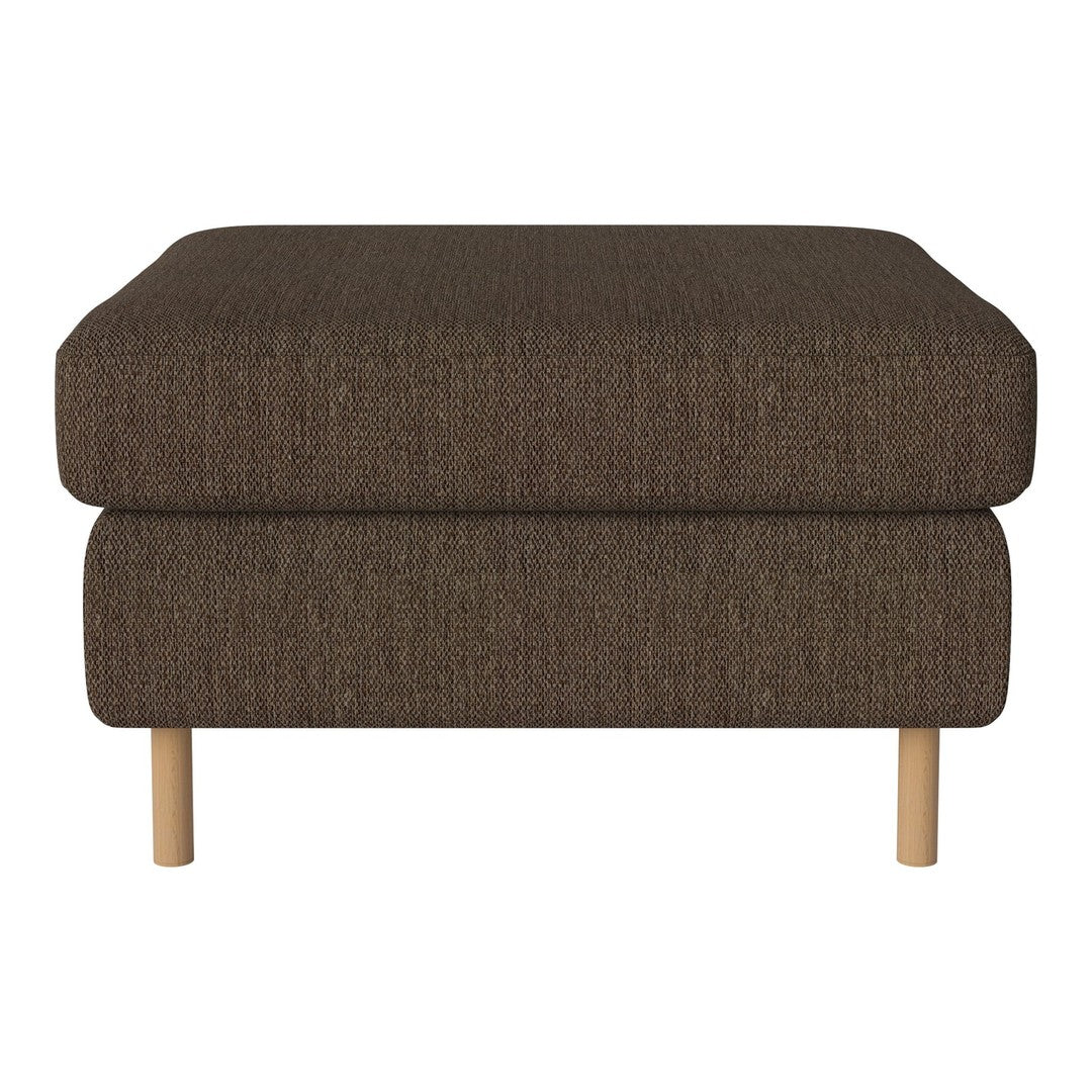 Brown upholstered ottoman with a textured fabric and light wooden legs, perfect for cozy living spaces.