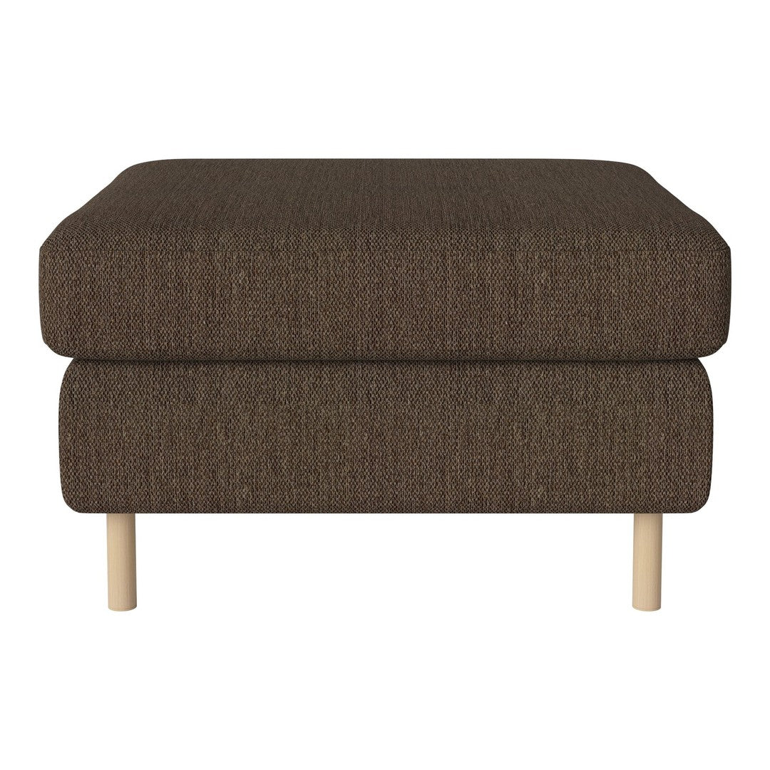 Brown upholstered ottoman with a textured fabric and light wooden legs. Elegant minimalist design for versatile decor.