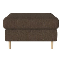Brown upholstered ottoman with a textured fabric and light wooden legs. Elegant minimalist design for versatile decor.