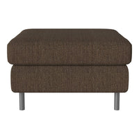 Brown upholstered ottoman with a textured fabric, featuring a modern design and silver legs. Perfect for any decor.