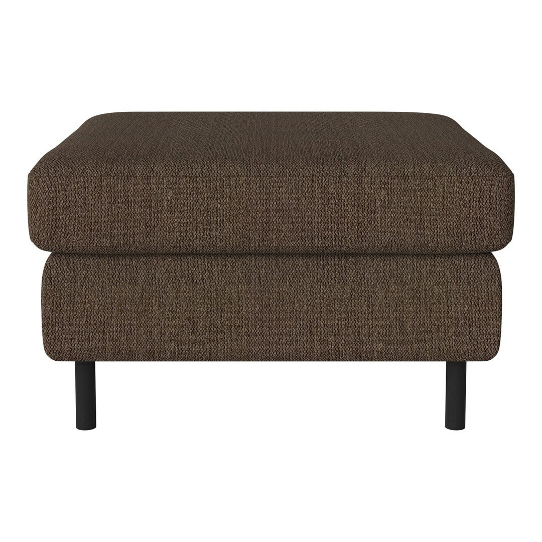 Brown upholstered ottoman with a textured pattern and black metal legs, perfect for modern decor.