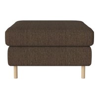 Brown upholstered ottoman with a textured fabric pattern and light wood legs. Perfect for modern interior decor.