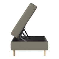Gray upholstered storage bed with a clean, textured pattern and light wooden legs. Stylish and functional design.
