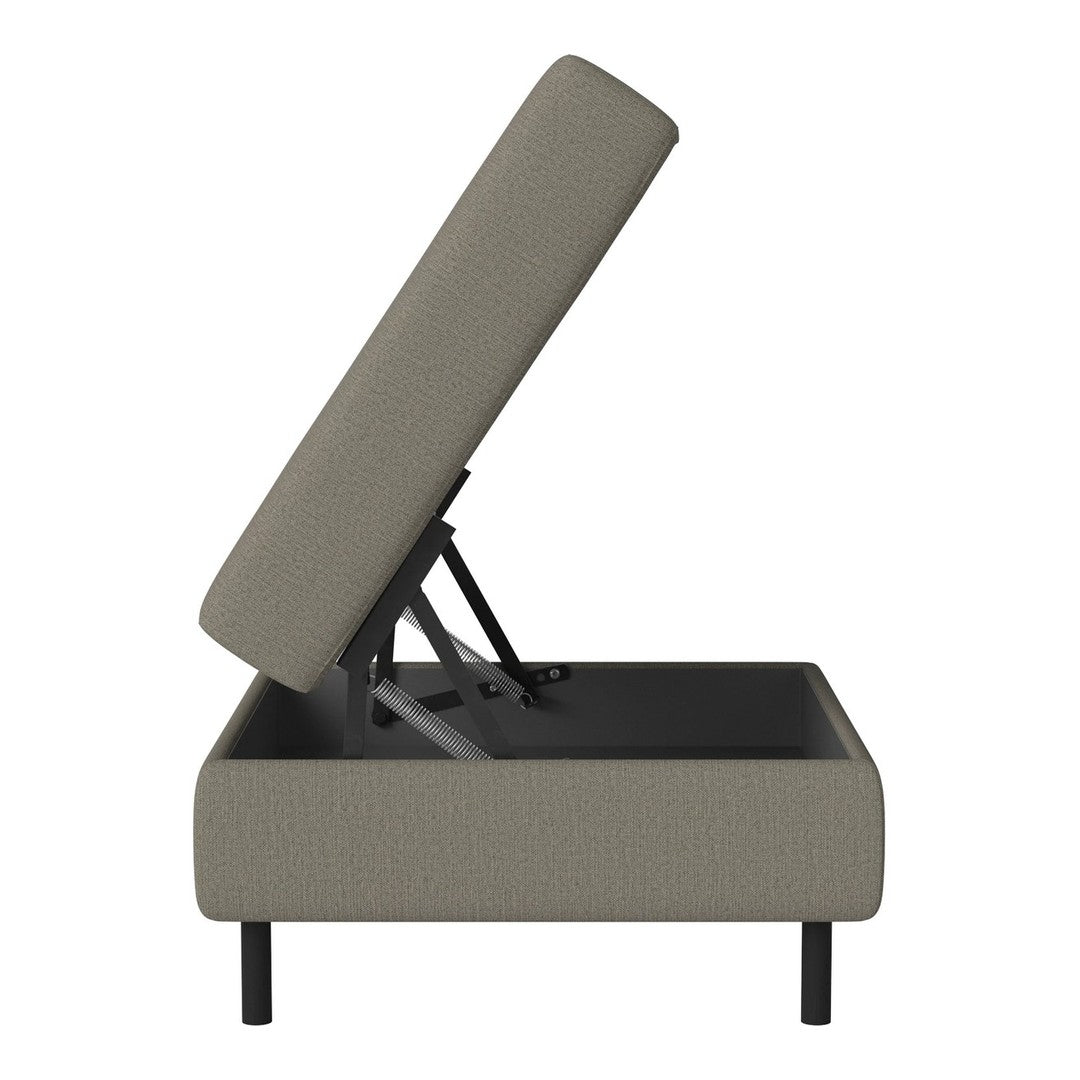 Gray upholstered storage ottoman with a minimalist design and a fabric texture, featuring a lift-top and black metal frame.