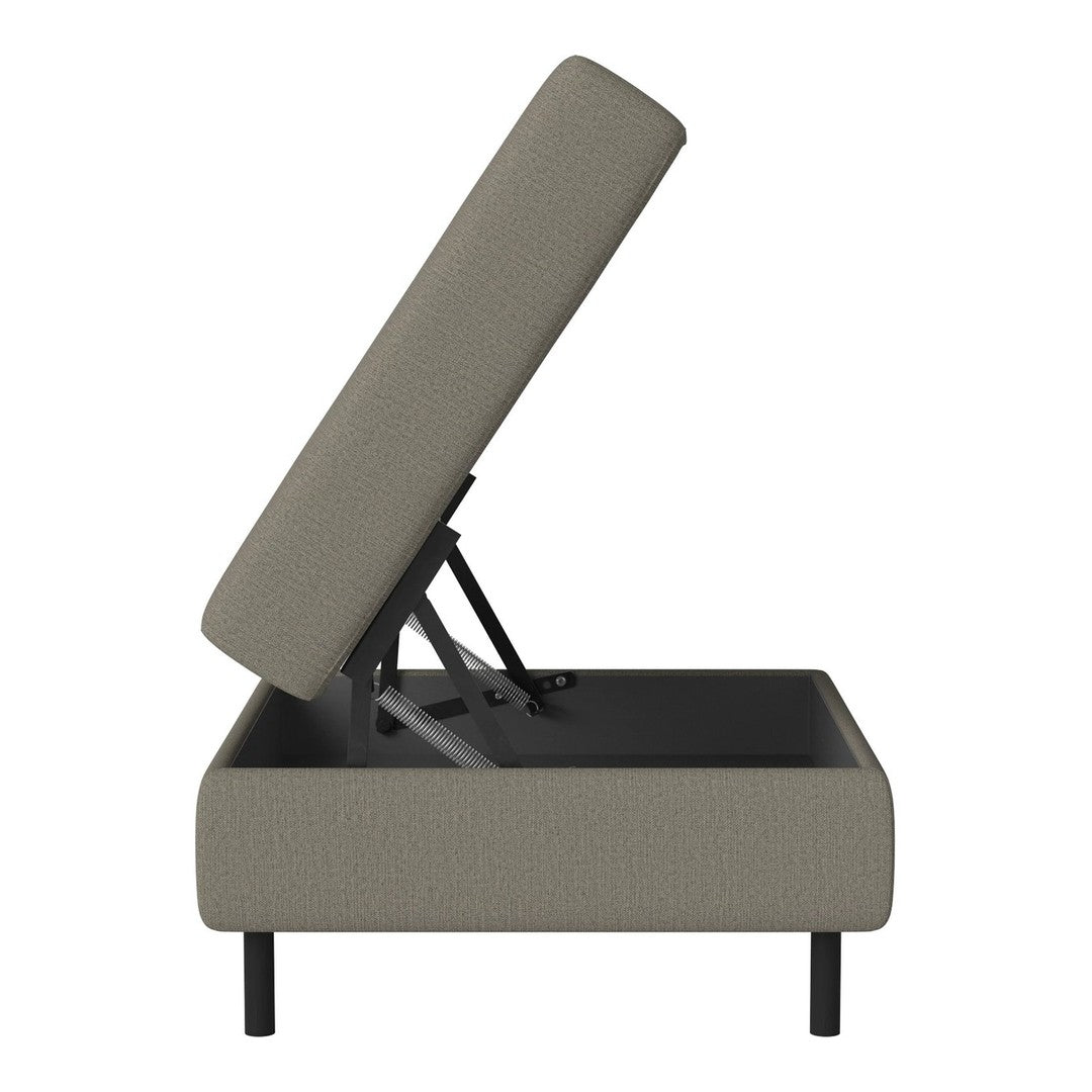 Light grey upholstered storage ottoman with a textured fabric and sleek black legs, showcasing a minimalist design.