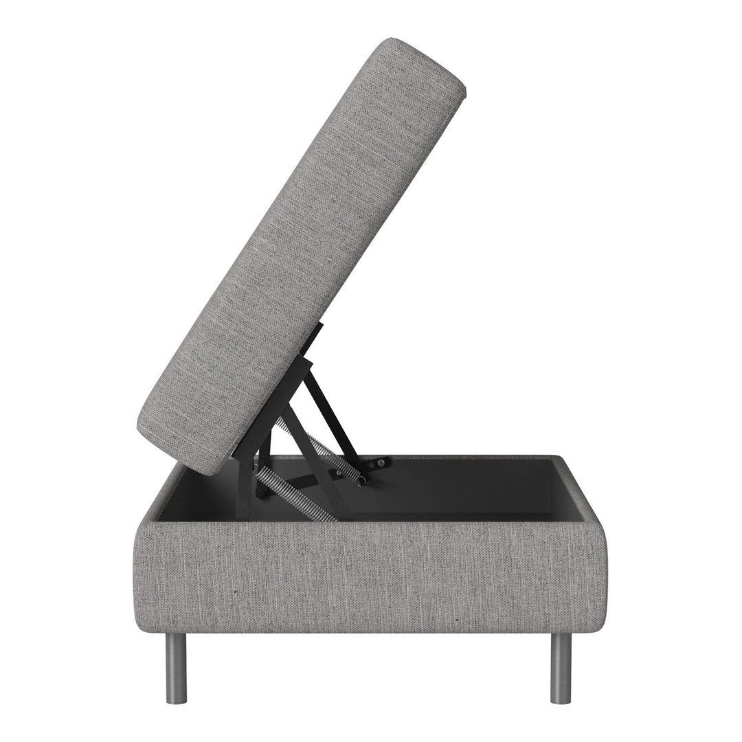 Gray upholstered storage bed with a clean, modern design and subtle texture, showcasing an angled headboard.