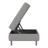 Gray upholstered storage bed with a clean, modern design and subtle texture, showcasing an angled headboard.