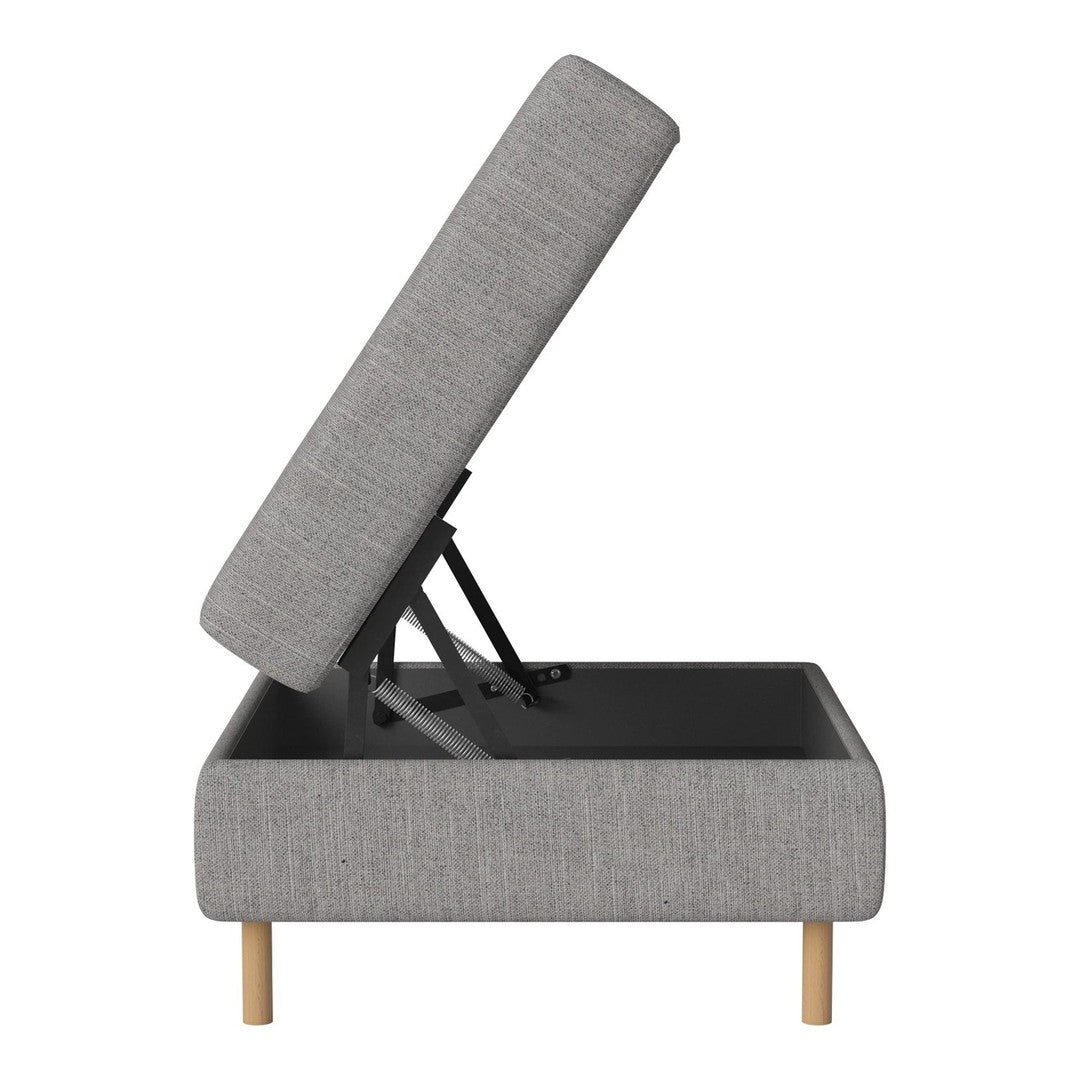 Gray upholstered storage ottoman with a simple pattern, featuring wooden legs and a lift-top design.