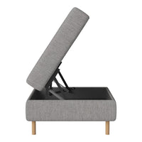 Gray upholstered storage ottoman with a simple pattern, featuring wooden legs and a lift-top design.