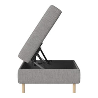 Gray upholstered storage ottoman with a smooth texture and natural wooden legs, featuring a minimalist design.