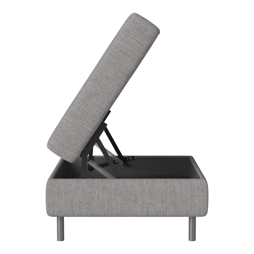 "Modern gray upholstered storage bed with clean lines and a subtle texture pattern."