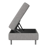 "Modern gray upholstered storage bed with clean lines and a subtle texture pattern."