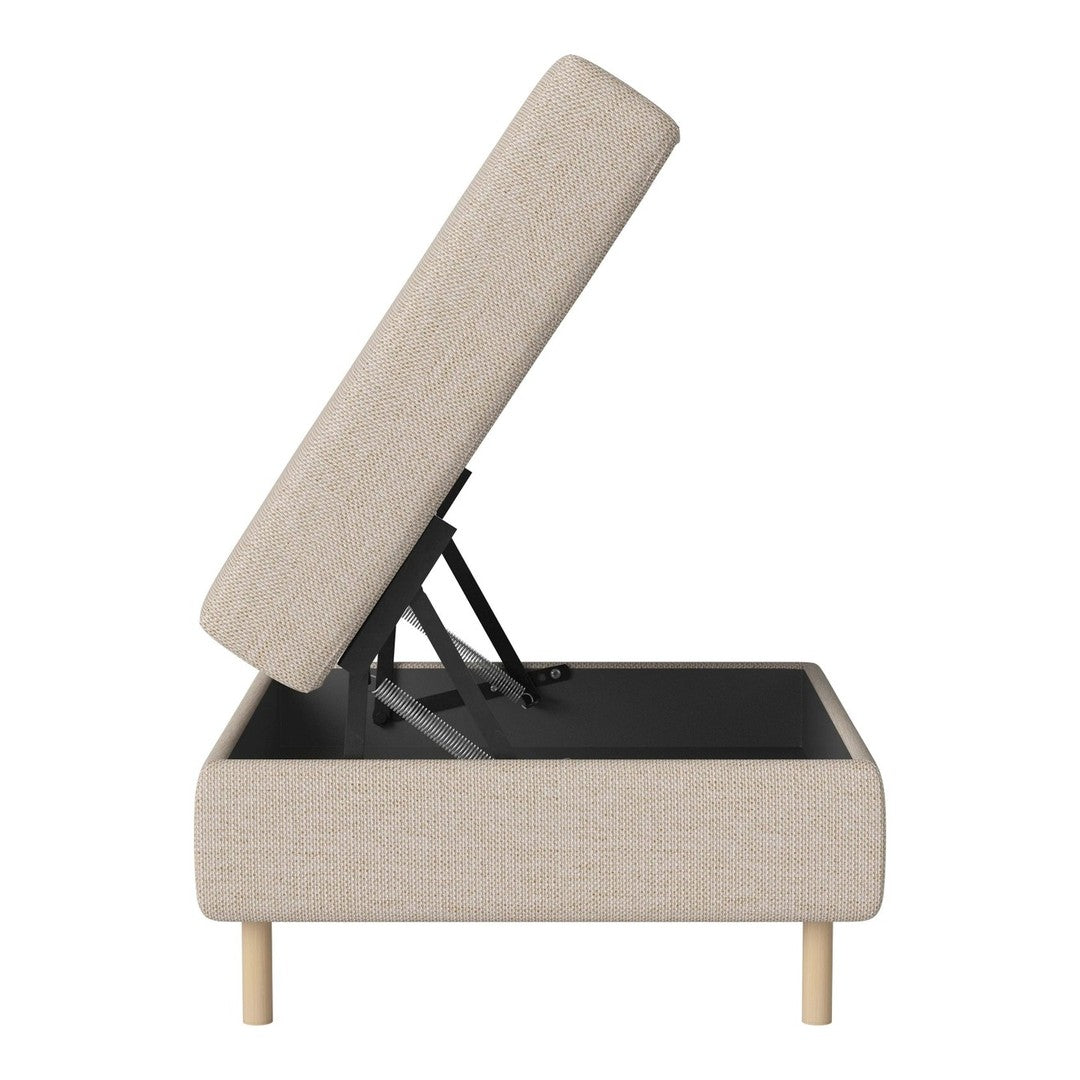 Beige upholstered storage ottoman with a minimalist design and natural wood legs, showcasing a clean, textured surface.