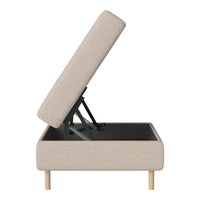 Beige upholstered storage ottoman with a minimalist design and natural wood legs, showcasing a clean, textured surface.