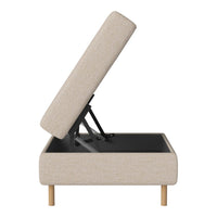 Beige upholstered storage ottoman with a minimalist design and natural wood legs. Modern and versatile for any decor.