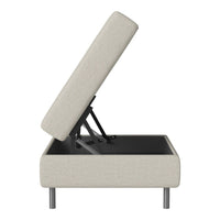Light beige upholstered storage bed with a modern minimalistic design and a sturdy metal base, featuring a lift-top lid.