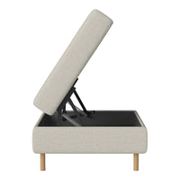 Light gray upholstered storage ottoman with wooden legs and a sleek, minimalist design. Perfect for modern decor.