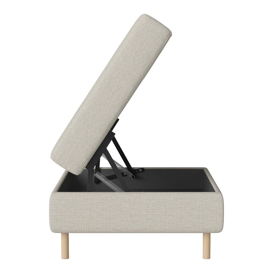 Light gray upholstered storage ottoman with a minimalist design and natural wood legs. Features a clean, modern aesthetic.