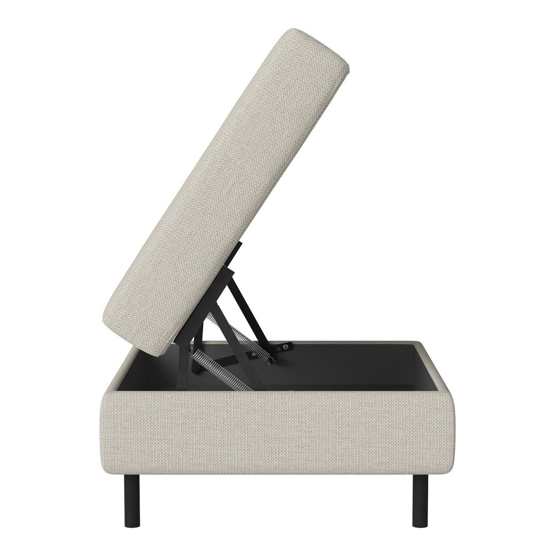Light beige upholstered storage unit with subtle textured pattern and sleek black legs. Ideal for modern interiors.