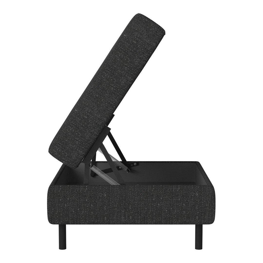 Black upholstered storage bed with a textured fabric pattern and sleek, modern design.