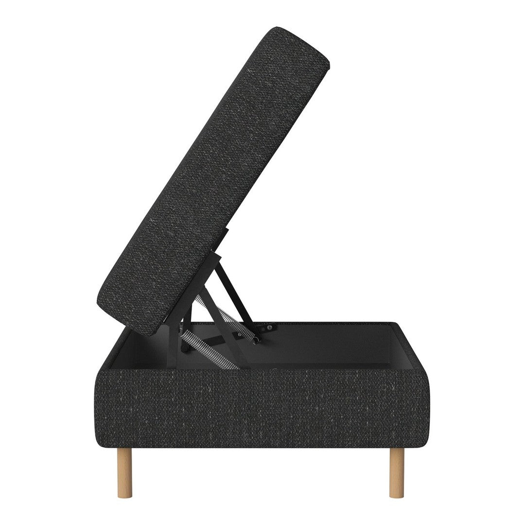 Dark grey upholstered storage bed with a textured fabric and natural wood legs, showcasing a sleek, modern design.